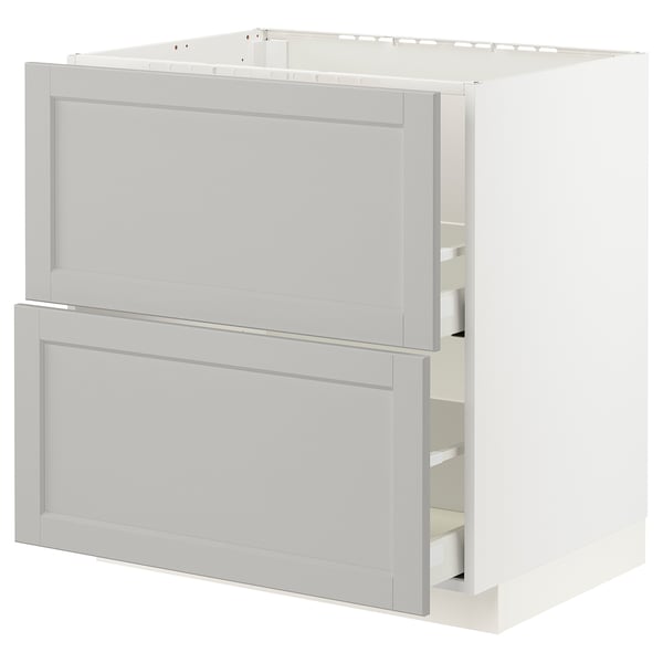 A white METOD kitchen cabinet with grey lerhyttan fronts and bevelled edges. It has a modern, classic design with two drawers.