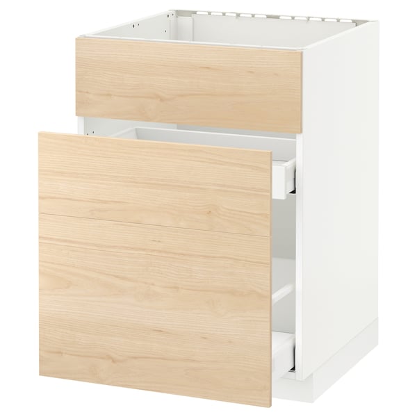 An ikea METOD kitchen cabinet with light ash wooden drawers.