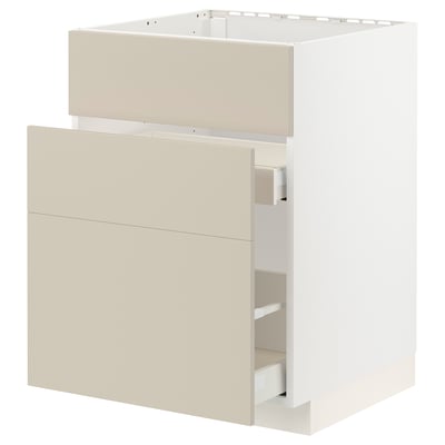 Modern kitchen cabinet in beige by METOD. 3-drawer design, smooth finish, and sturdy structure.