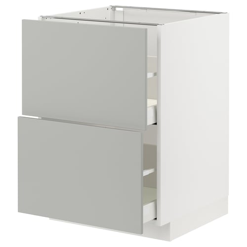 Modern white METOD kitchen cabinet with light grey havstorp drawers, sleek design, steel runners.