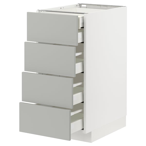 Modern white cabinet with four grey drawers, sleek minimalist design, light grey handles.