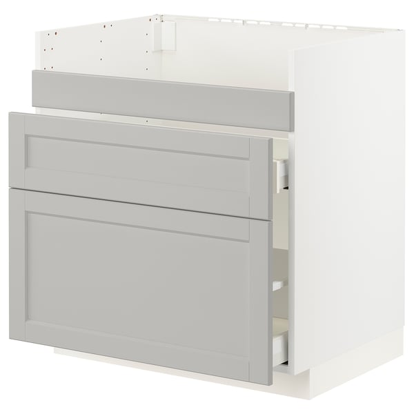 White METOD kitchen cabinet with grey lerhyttan fronts, bevelled edges, and two drawers.
