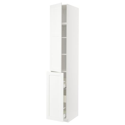 METOD white cabinet, tall with doors, adjustable shelves, sleek modern design.