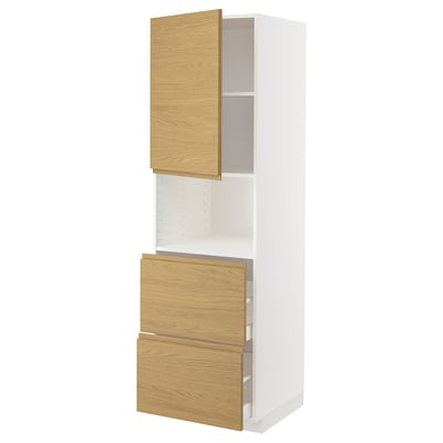 White cabinet with light wood doors, one open, two drawers.
