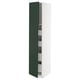 A tall, white METOD kitchen cabinet with dark green doors and built-in drawers. The cabinet modern design with a sleek, rectangular shape.