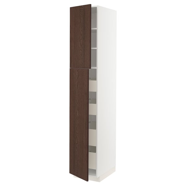 Métod kitchen cabinet, white, dark brown wood, rectangular, sleek and modern design.