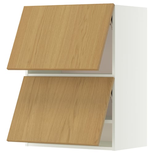METOD white and wood cabinet with two slanted doors.