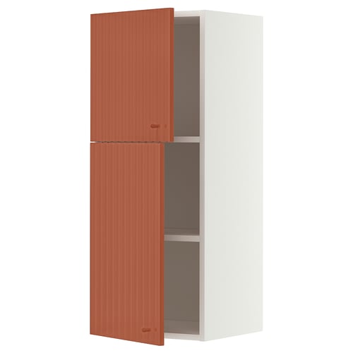 METOD Wall cabinet with shelves/2 doors, white/Terrsjö red-brown wave pattern, 40x37x100 cm