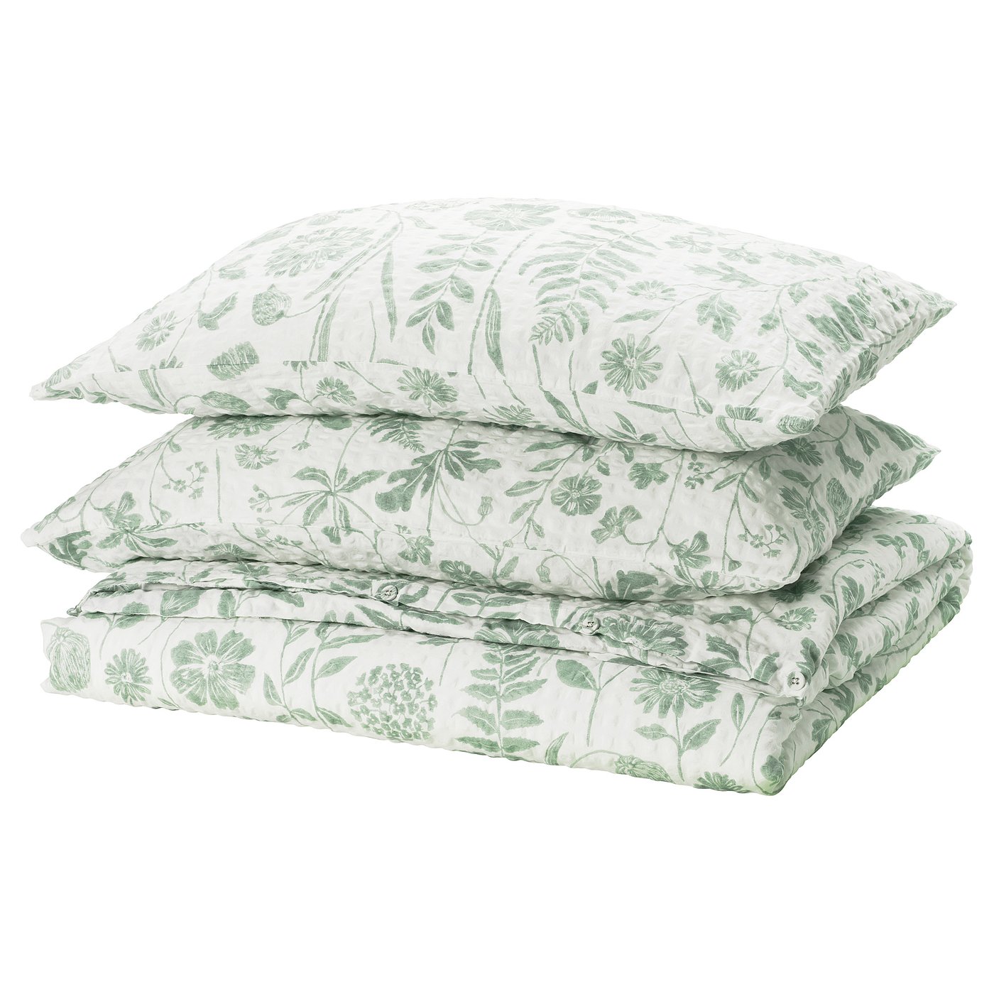 NÅLBJÖRNBÄR bed set: green floral on white, cotton/viscose, rectangular, seersucker texture.
