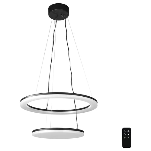 Modern 2-tier led pendant lamp, white, plastic & metal, adjustable rings, remote control.