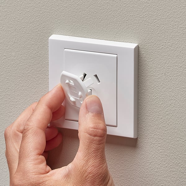 Hand inserts white safety plug into wall socket for childproofing.