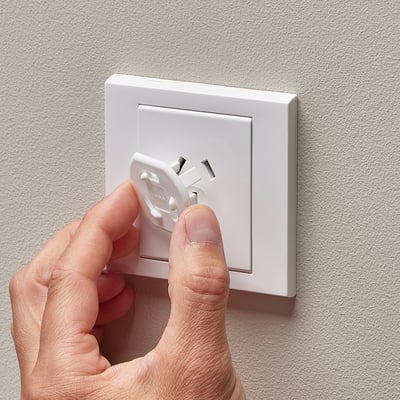 Hand inserts white safety plug into wall socket for childproofing.