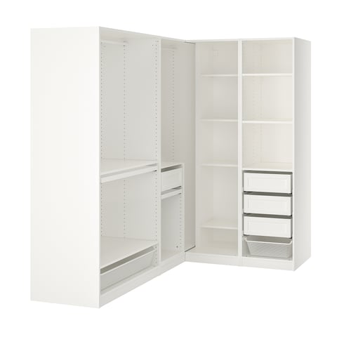 Depicts a white, corner-style PAX wardrobe with adjustable shelves and storage compartments.