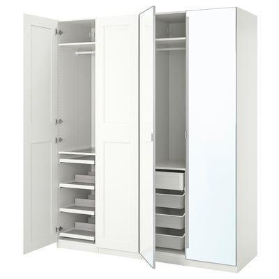 White ikea PAX wardrobe with mirrored doors, shelves, and storage compartments.