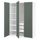 PAX wardrobe: green, wooden, tall, closets with shelves, drawers, soft-close hinges.