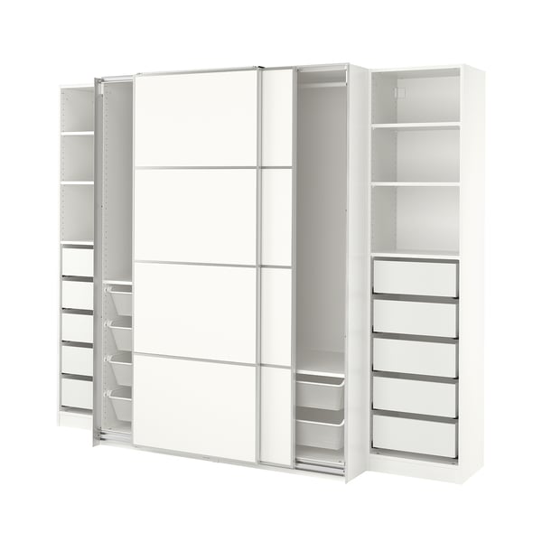 PAX white wardrobe, modern design with sliding doors, multiple shelves and compartments for organised storage.