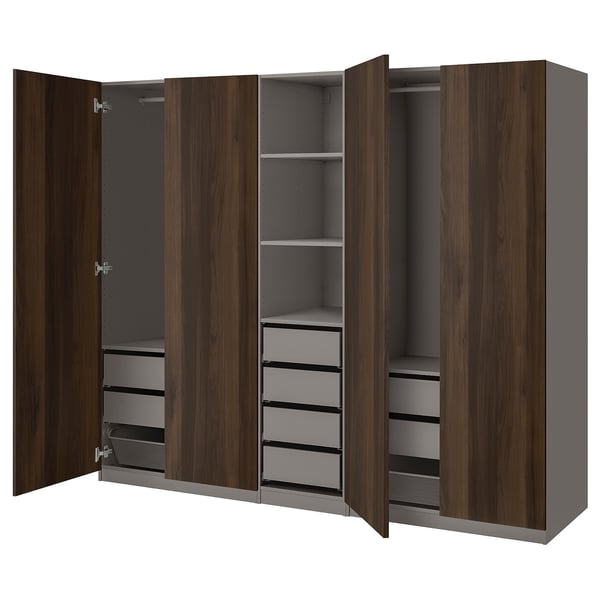 PAX wardrobe: dark brown wood, 3 sections, 4 doors, 5 drawers, metal mesh baskets, adjustable shelves.