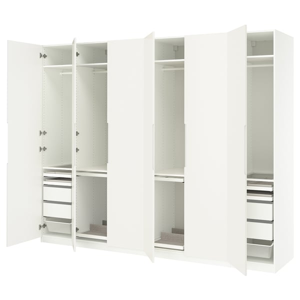 White PAX wardrobe set, three units open showing shelves and drawers.