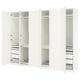 White PAX wardrobe set, three units open showing shelves and drawers.