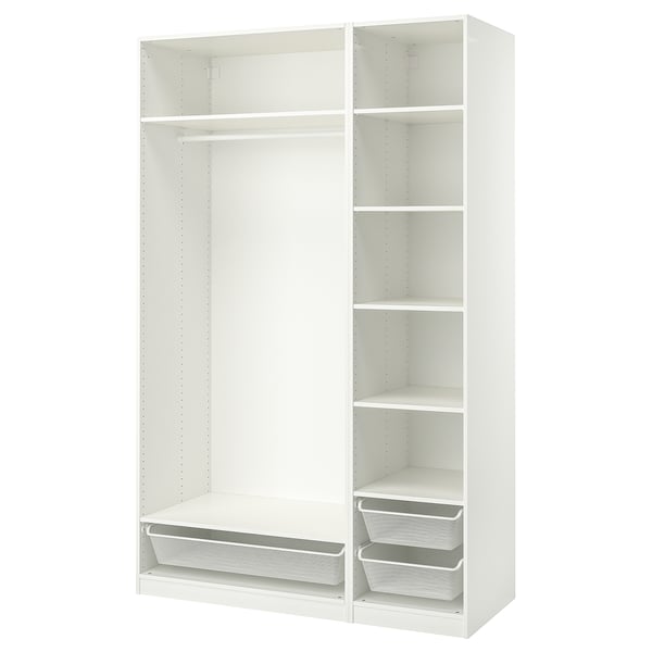 A white PAX wardrobe with shelves and mesh baskets, offering organised storage.
