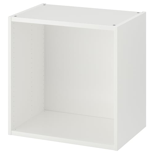 White PLATSA storage unit. Cubic design, plain front, no doors. Made of fibreboard and particleboard.