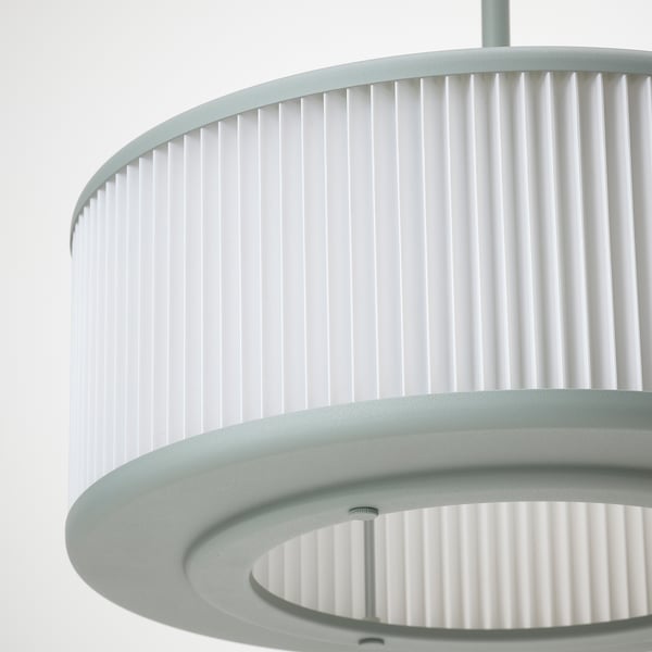 Modern hanging lamp with pleated white shade, clean design, quality craftsmanship.