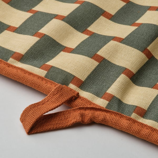 Chequered oven mitt, woven in green, yellow, orange. Durable, heat-protected.
