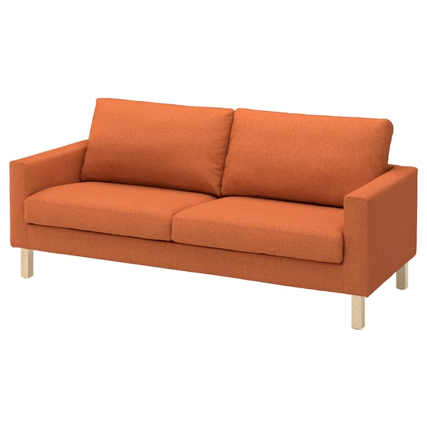 SALTSJÖBADEN orange sofa: 3-seater, fabric-covered, wooden legs, simple design.