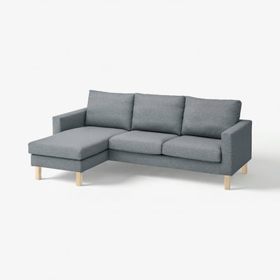 Grey l-shaped sofa with wooden legs, modern design.
