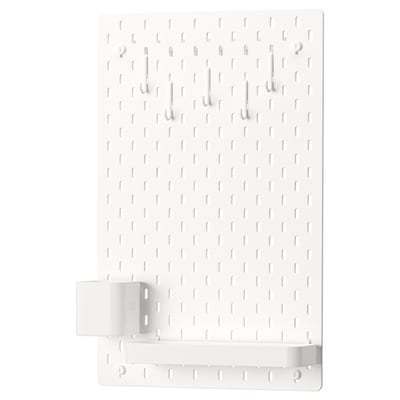SKÅDIS white pegboard with hooks and shelf, wall-mounted storage.