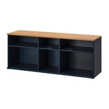 SKRUVBY wood tv bench in dark blue, rectangular shape, open shelves, oak top, traditional design.