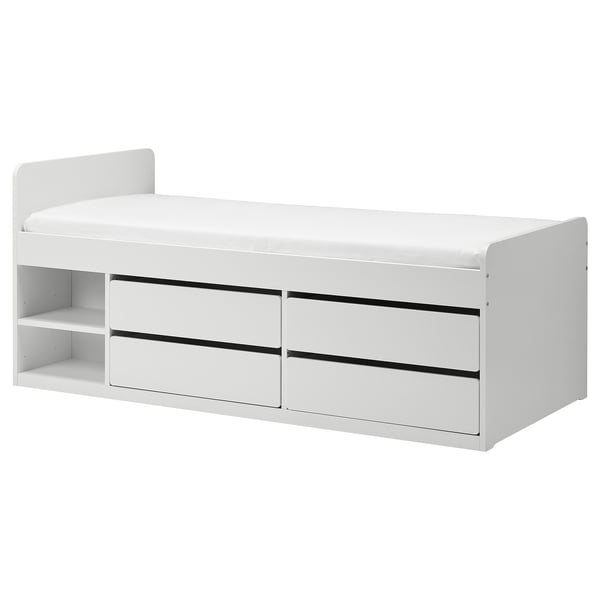 Modern white youth bed with storage. Four drawers, clean design, safe edges.