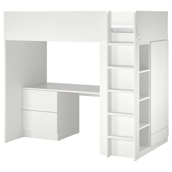 SMÅSTAD loft bed: white, wooden, l-shaped; includes desk, drawers, wardrobe, and shelves.