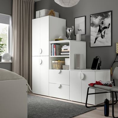 SMÅSTAD wardrobe, tall, multi-compartment. Speaker, basketball picture, sporty theme.