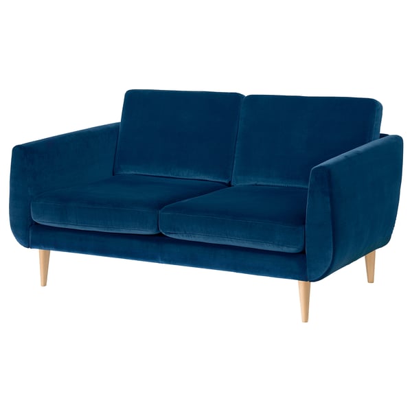 SMEDSTORP: blue velvet sofa, retro style, soft shapes, wooden legs, comfortable seats & backrests.