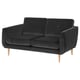 Modern dark grey velvet sofa with wooden legs, clean lines and two large cushions.