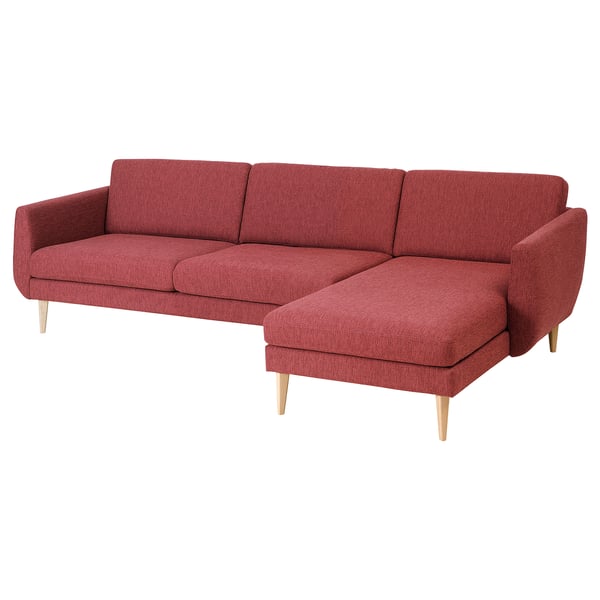 Red SMEDSTORP sectional sofa with retro style, soft cushions, cone legs, modern comfort.