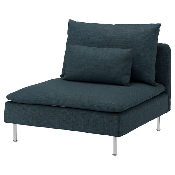 Modern, deep-seated blue chair with metal legs and two cushions. Ideal for cosy relaxation.