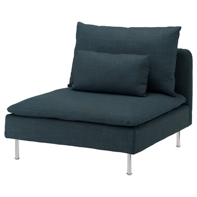 Modern, deep-seated blue chair with metal legs and two cushions. Ideal for cosy relaxation.