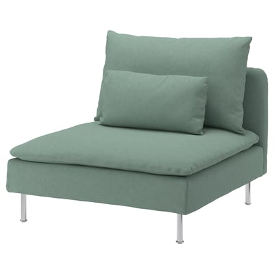 SÖDERHAMN chair in greenish grey, modern and cosy, with cushions and metal legs.