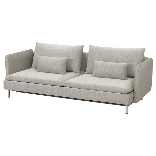 SÖDERHAMN sofa bed in grey fabric with slim, modern design, soft cushions, and convertible seating.