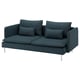 Modern teal sofa with deep seats and 4 cushions on metal legs.