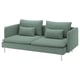 Modern sage green sofa, upholstered with textured fabric, deep seats, raised legs, plush cushions.