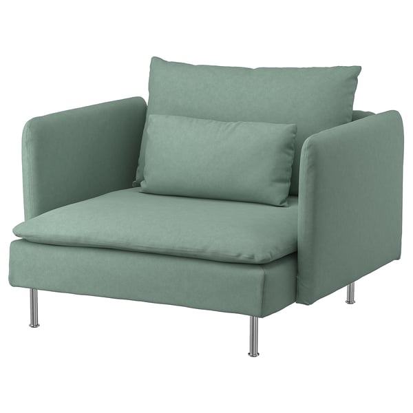 This image a green SÖDERHAMN chair with a sleek design, tall legs, and comfortable cushions.