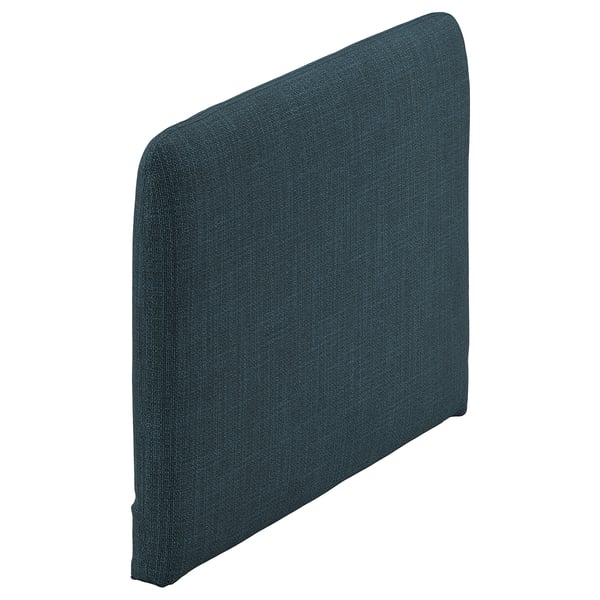 Dark blue, rectangular headboard, upholstered, simple modern design.