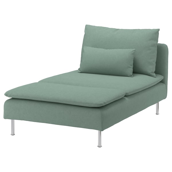 IKEAs SÖDERHAMN light green chaise lounge, sleek & low-profile, fabric-covered with metal legs.
