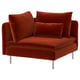 An orange SÖDERHAMN corner sofa chair with metal legs and three cushions.