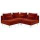 Red l-shaped velvet corner sofa with ten cushions, modern design, stainless legs.