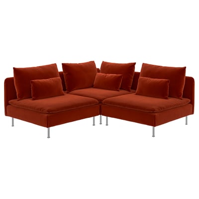 Red l-shaped velvet corner sofa with ten cushions, modern design, stainless legs.