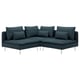 Dark blue l-shaped sofa with 8 cushions, modern design with thin metal legs.